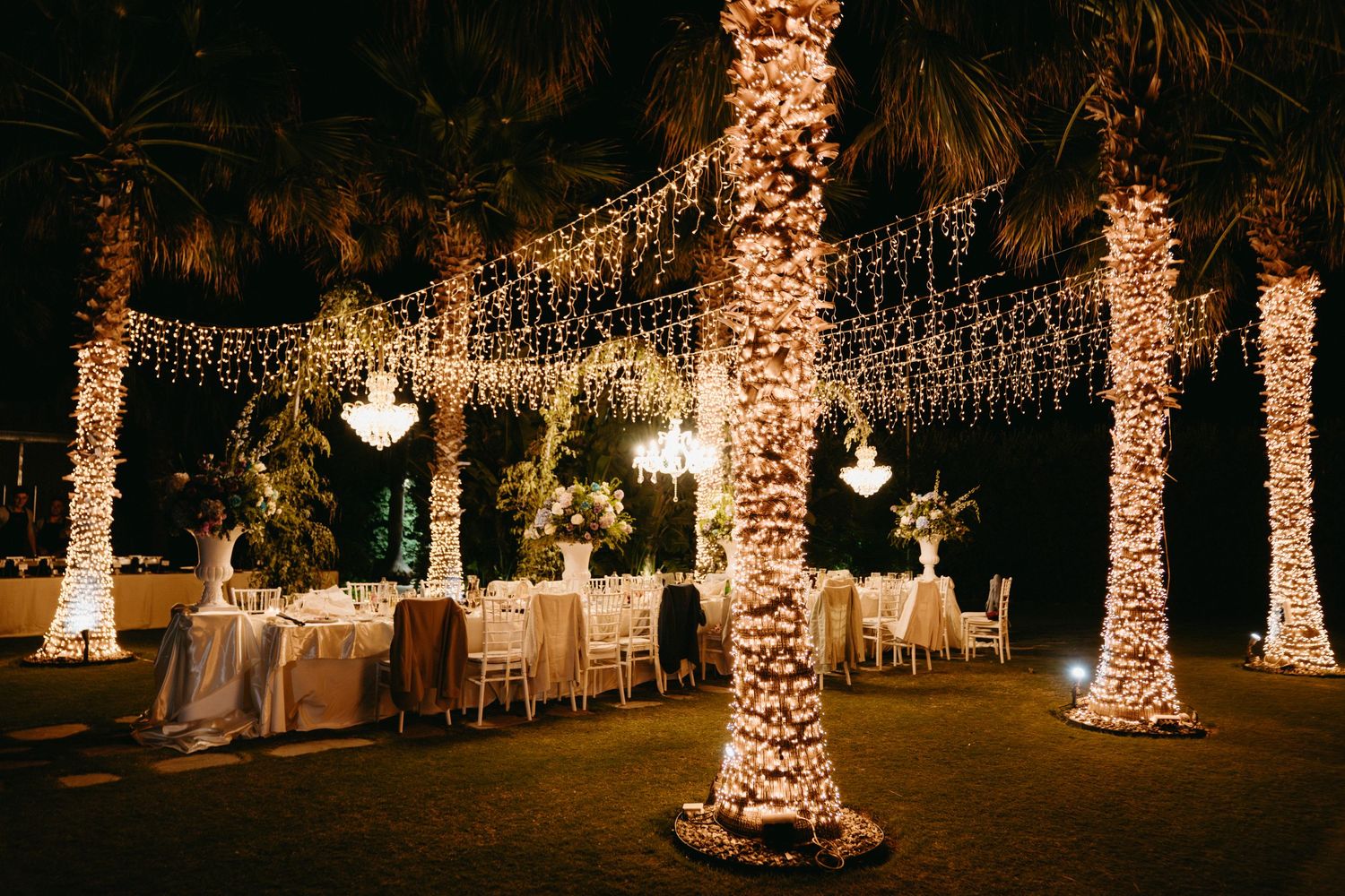 Palm trees decorated with warm glowing string lights creating a magical outdoor evening ambiance.