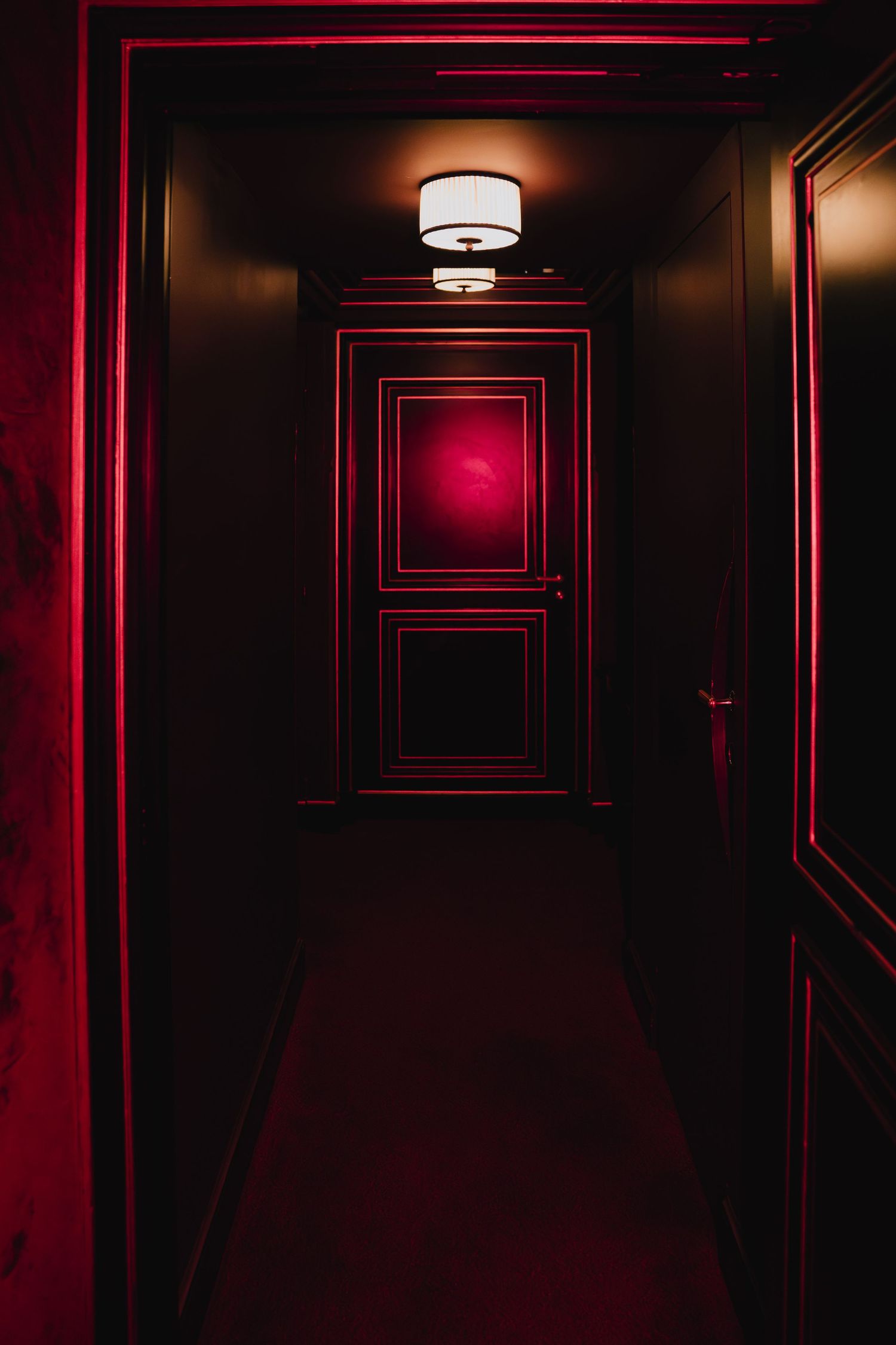 Dark hallway illuminated by red lighting with a white ceiling lamp and ornate door at the end.