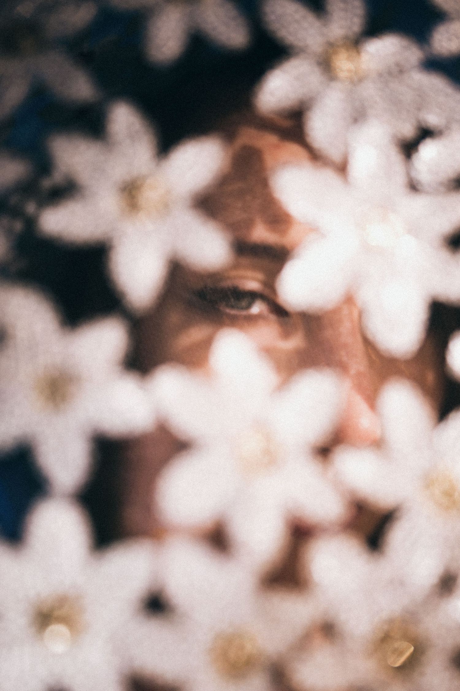 A person's eye peers through a cluster of soft white flowers in an artistic close-up portrait with shallow depth of field.