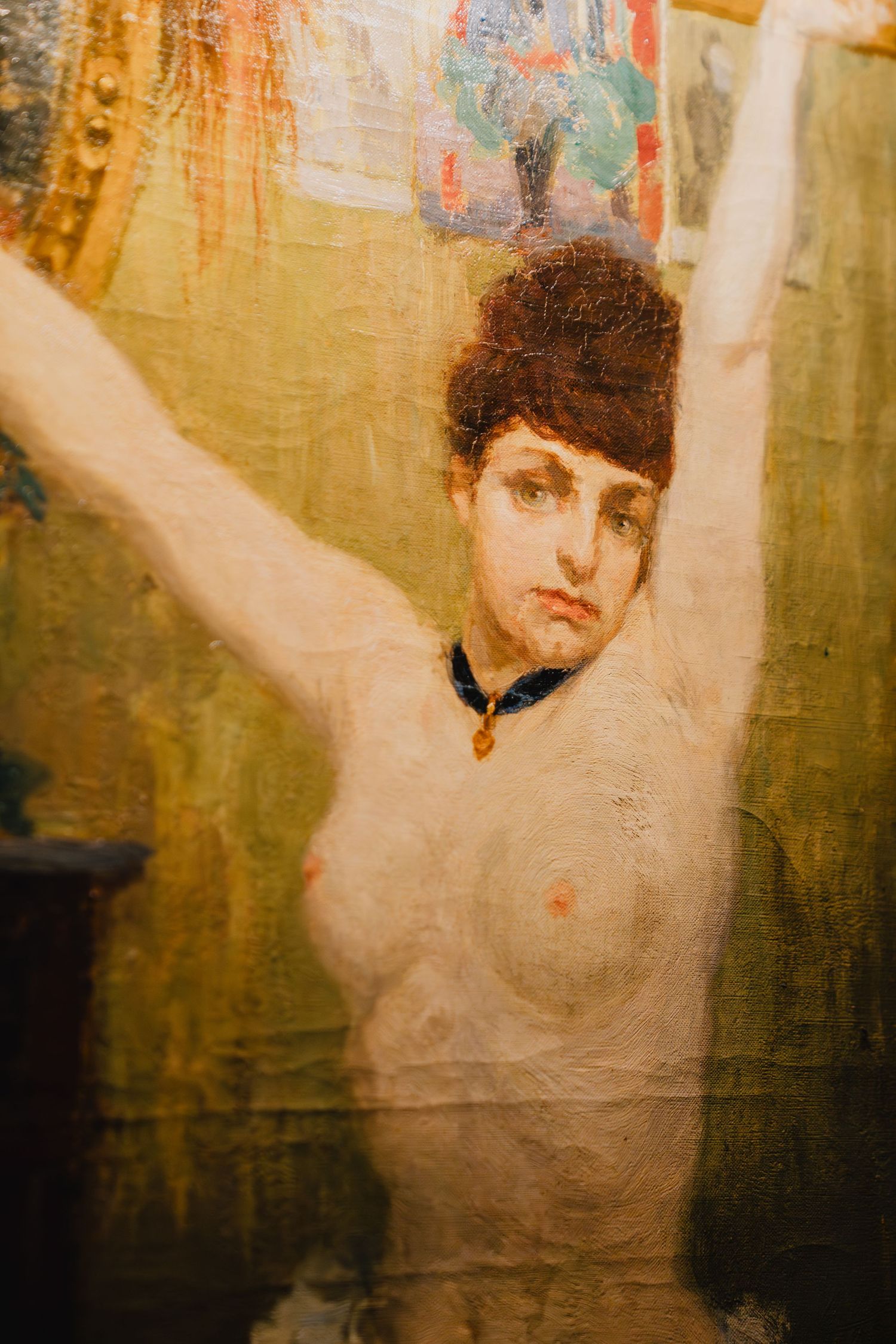 Multiple artistic photo frames showing an ethereal figure in white against a textured golden background.