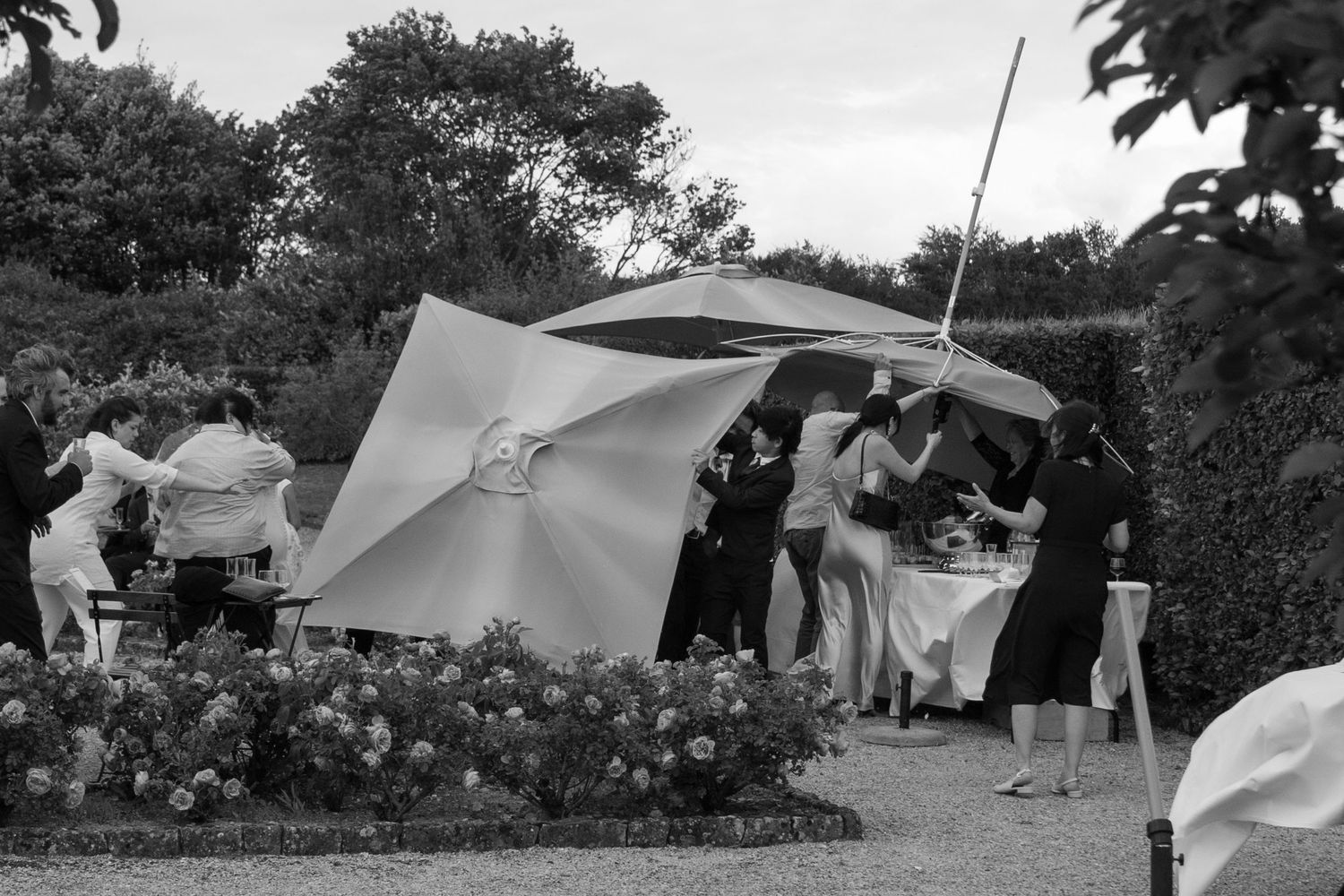 A series of black and white photographs showing people celebrating outdoors with tents and umbrellas.
