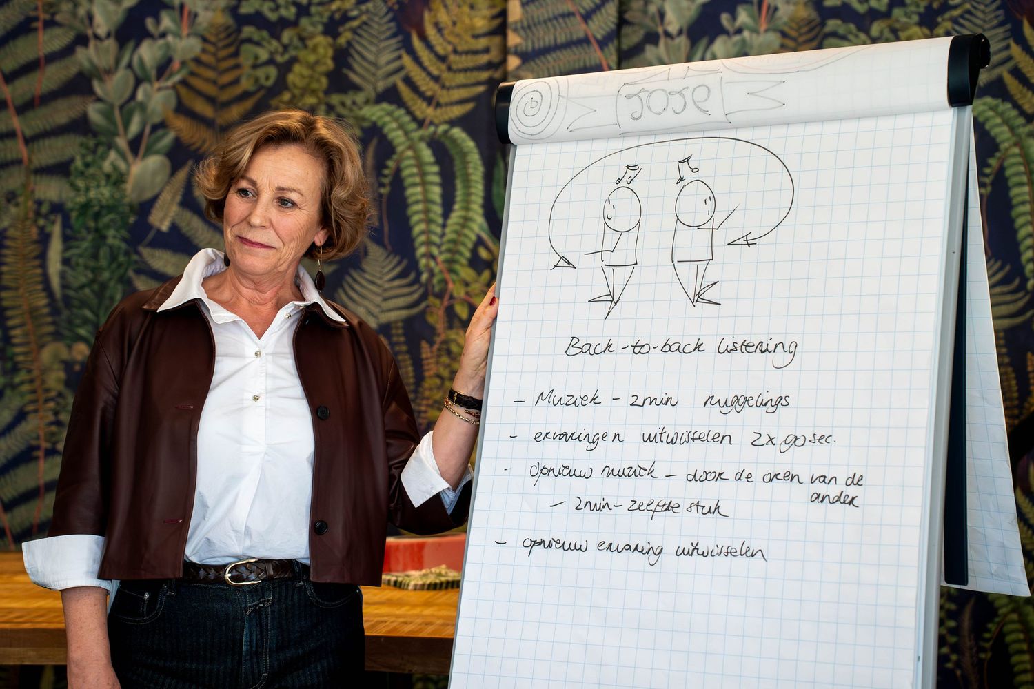 Woman presenting at a flip chart with back-to-back catering notes during a business meeting or workshop.