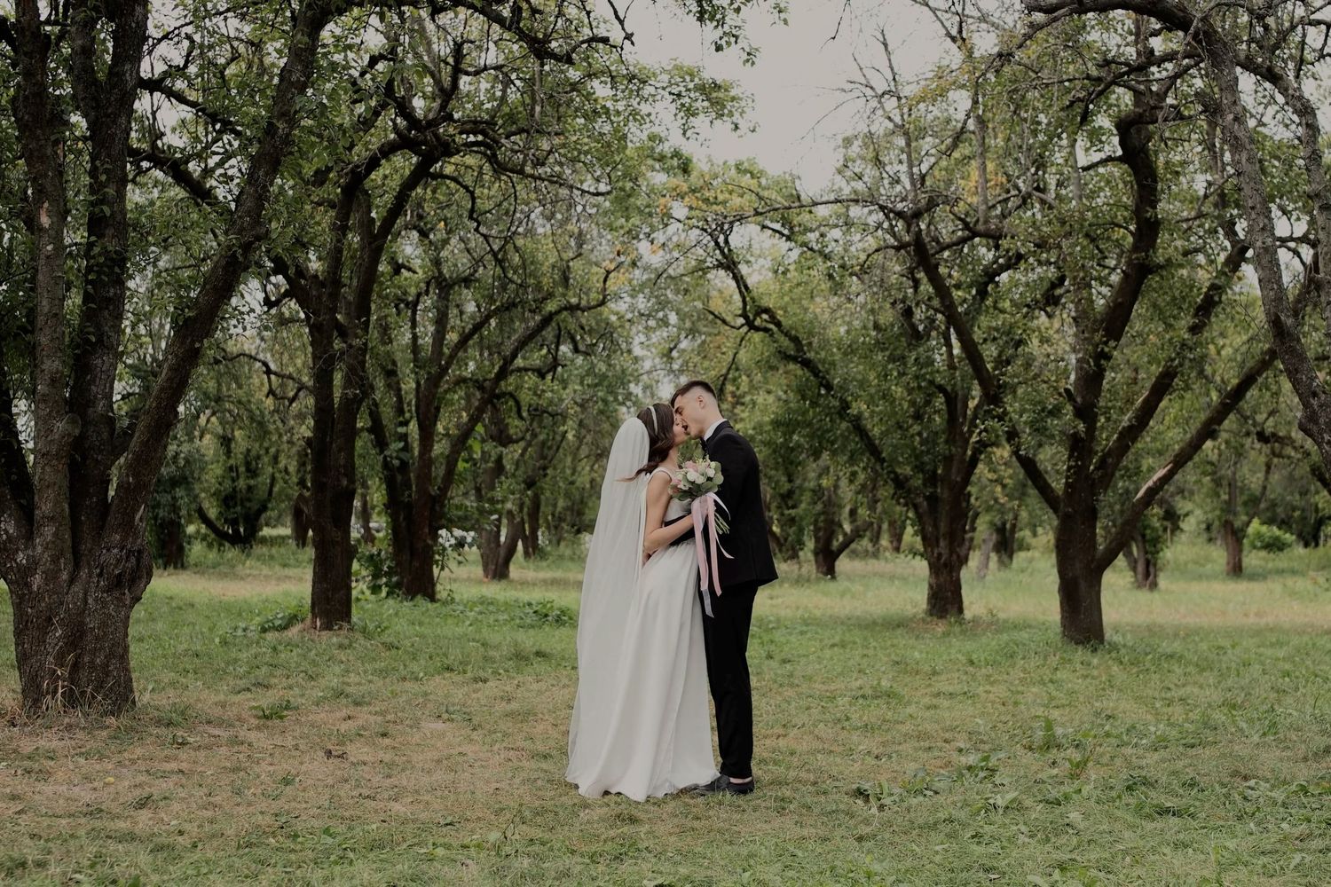 Bride and groom share a romantic kiss in a lush green orchard, surrounded by trees on their wedding day.