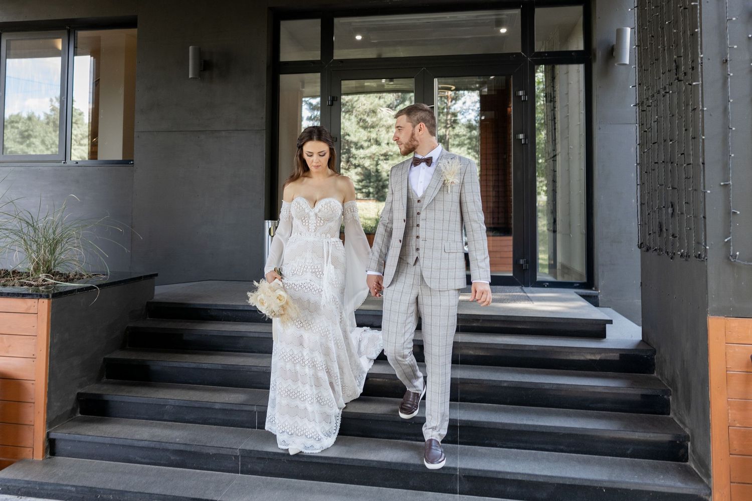 Modern architectural wedding venue with clean lines and contemporary design elements.