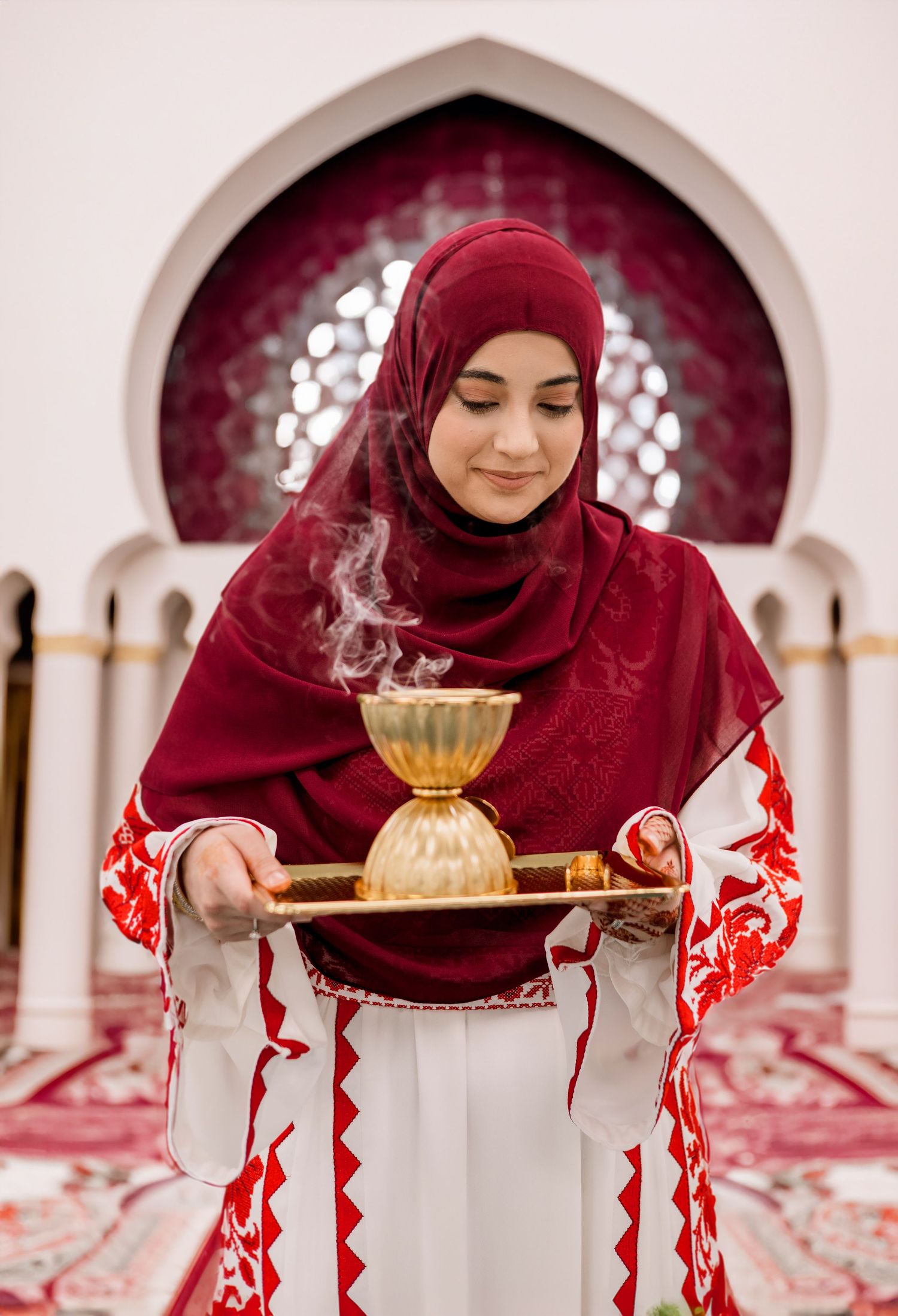 Young woman in red hijab holding a golden incense burner with smoke rising, standing in an ornate mosque.