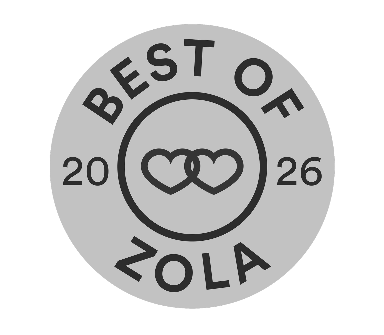 Best of Zola 2026 award badge featuring two interlinked hearts, recognizing top-rated wedding vendors.