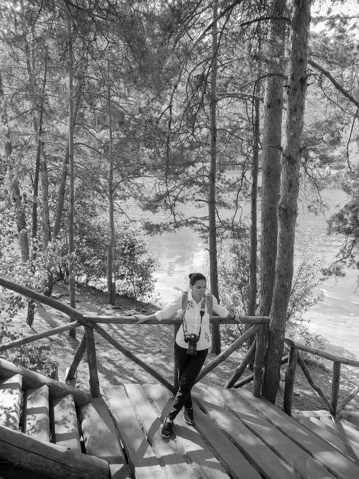 Black and white photo of a person standing on wooden stairs surrounded by tall pine trees near a river.