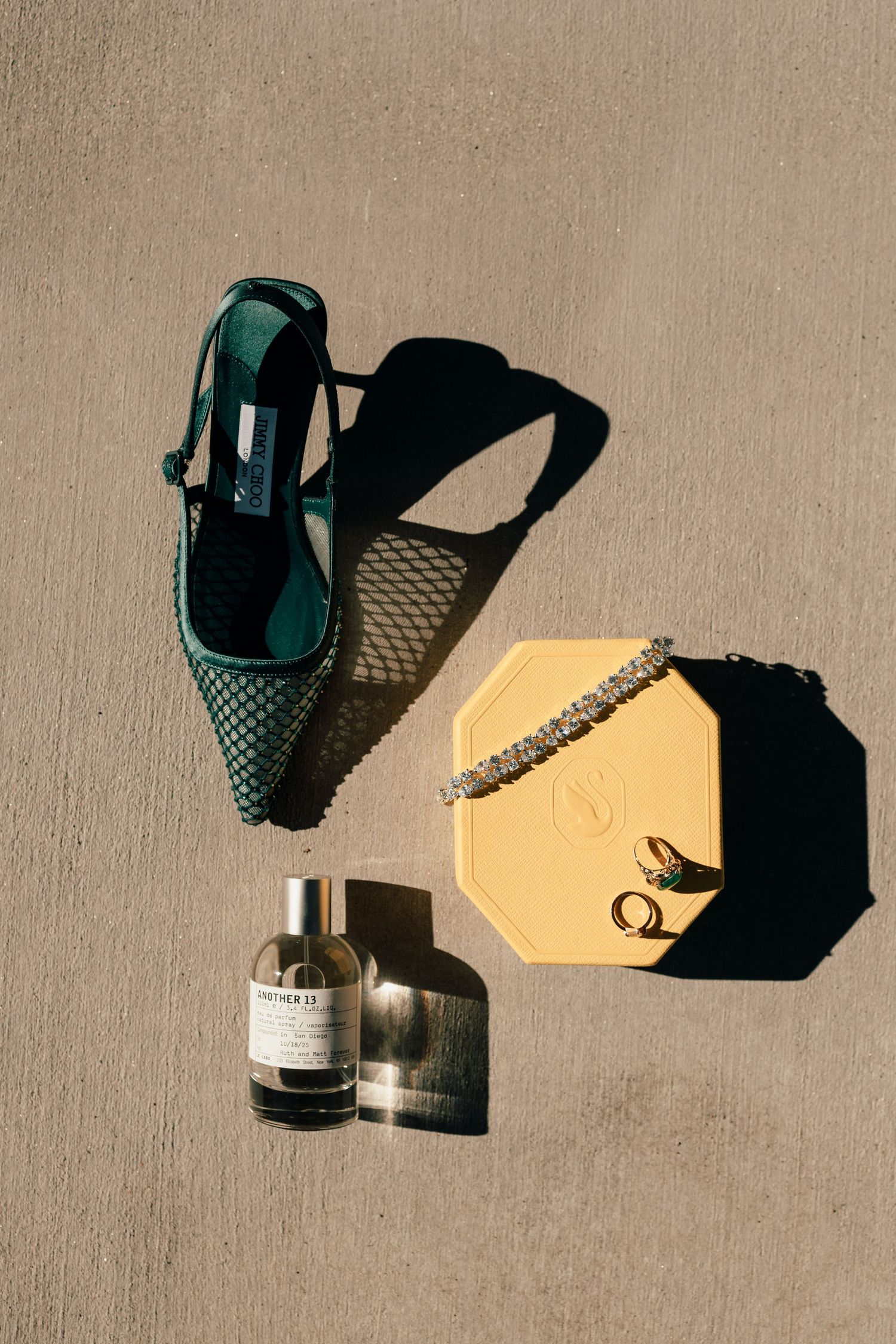 Artistic still life sequence showing a green sandal and its shadow cast on beige surface in multiple compositions.