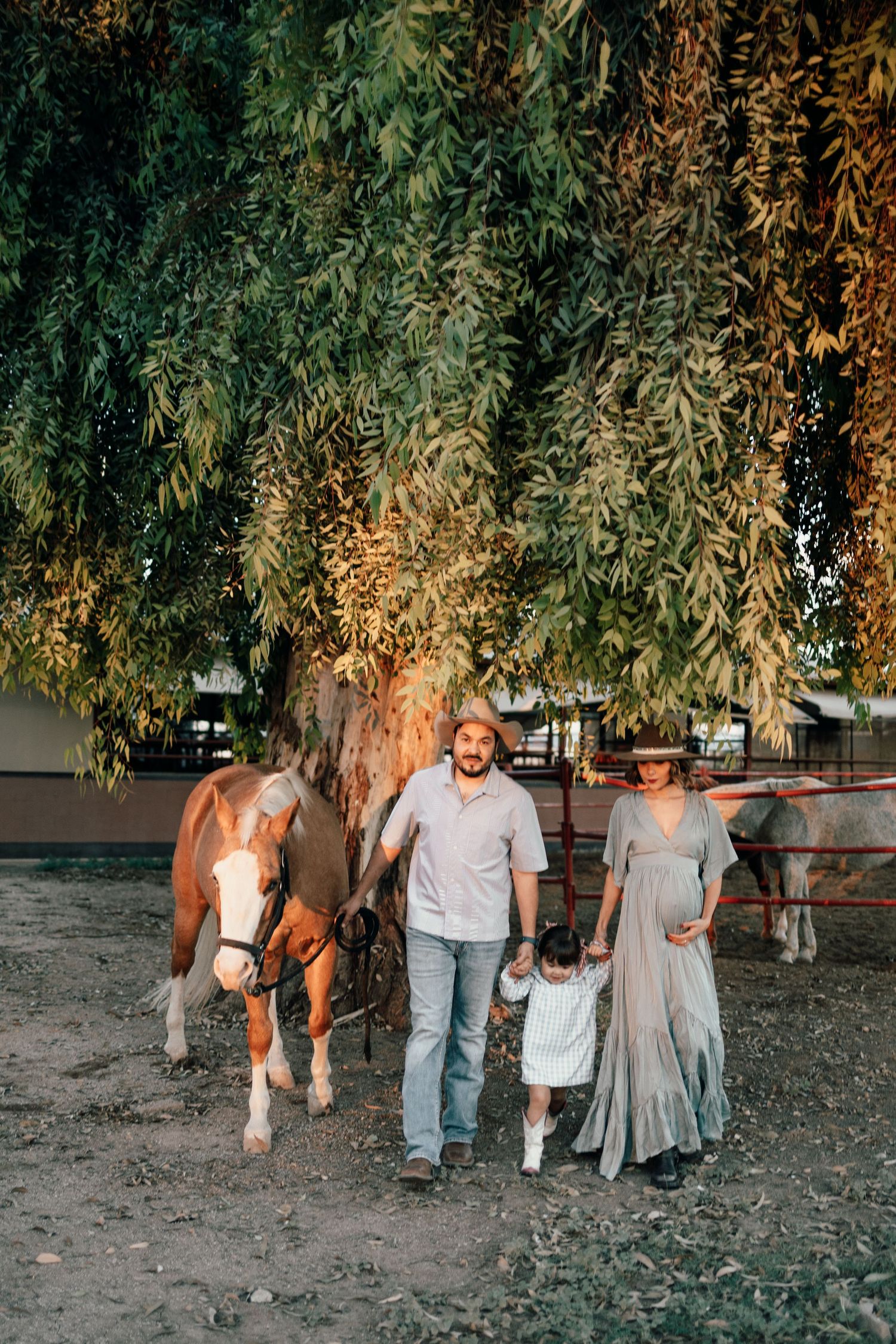 A group walks with a brown and white horse along a dirt path under overhanging trees at dusk.