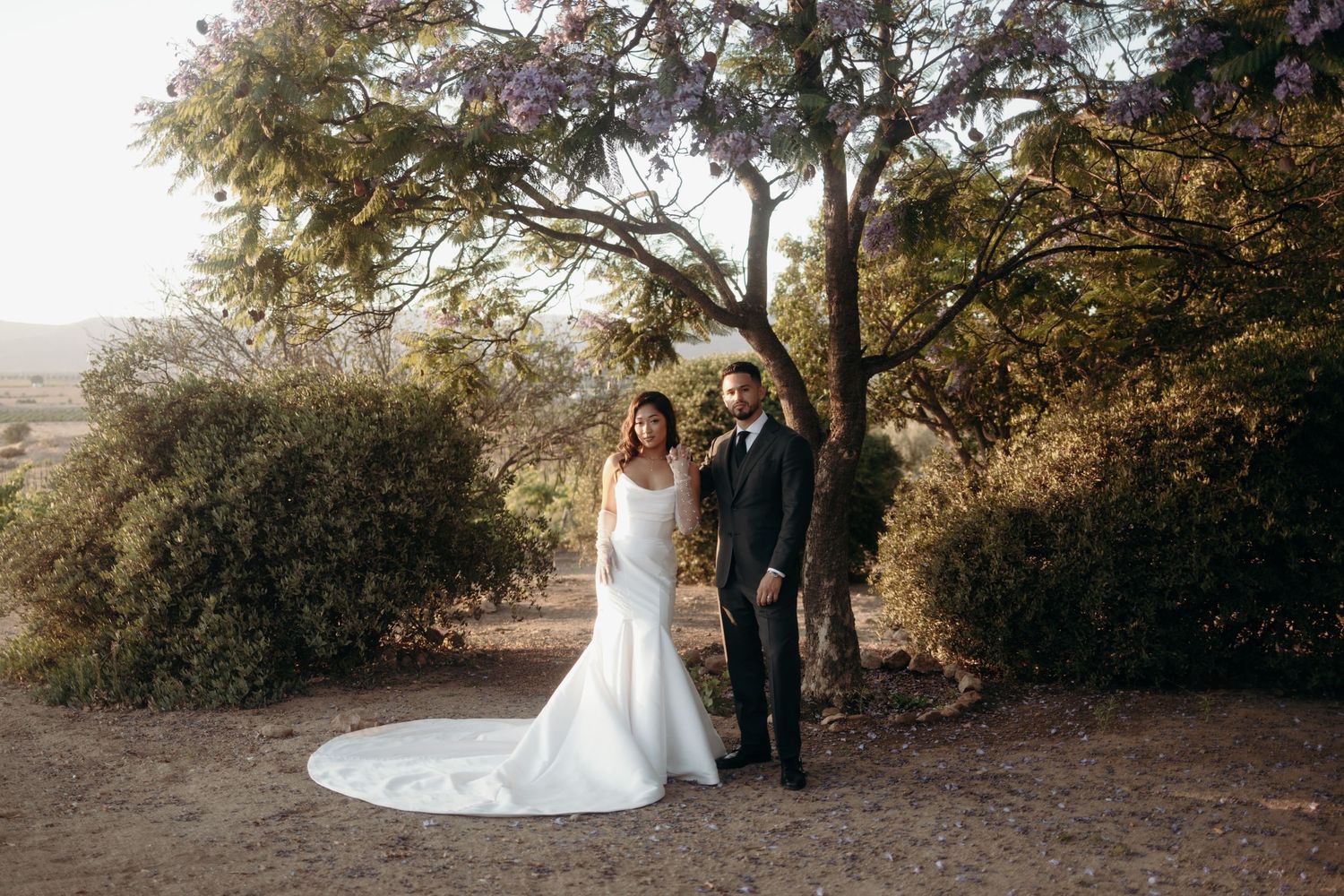 A couple in wedding attire poses together in a natural outdoor setting with trees and sunlight filtering through.