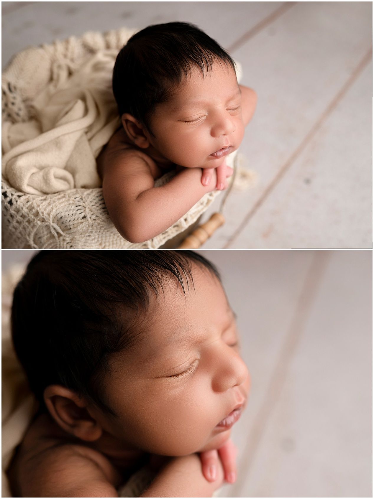 Peaceful sleeping newborn baby resting on soft cream-colored knit blanket in professional studio portrait setting.
