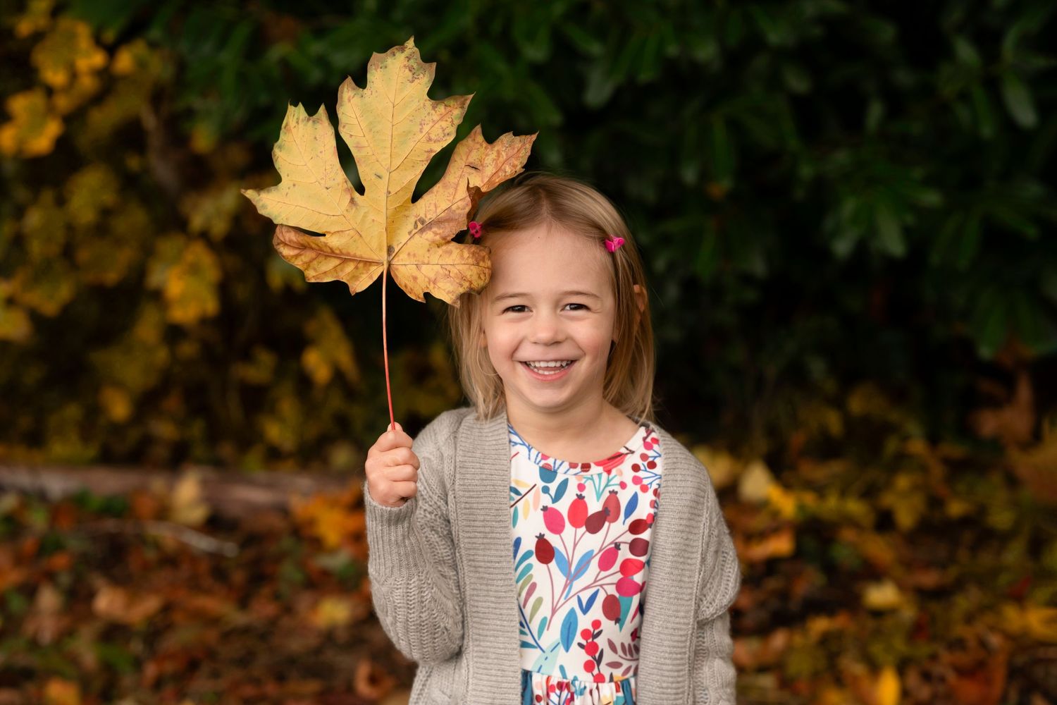 A child in a floral dress and cardigan holds up a large yellow autumn maple leaf while smiling outdoors.