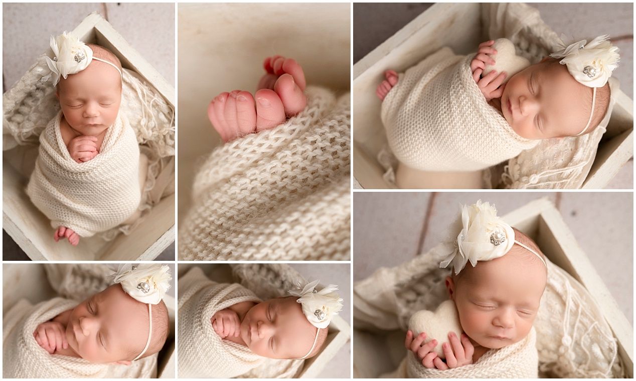 A collection of soft and serene newborn photography portraits in neutral beige and cream tones.