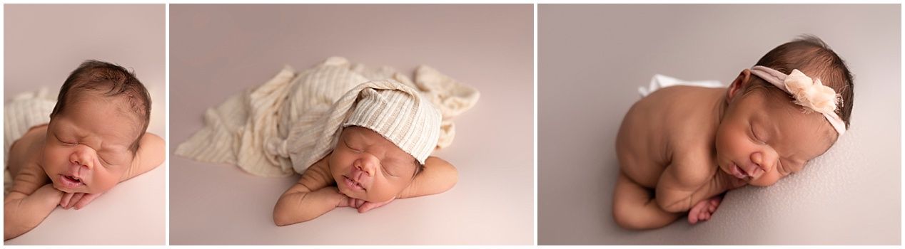 Three newborn baby photos showing a sleeping infant posed in soft white wraps and a delicate pink headband on a neutral background.