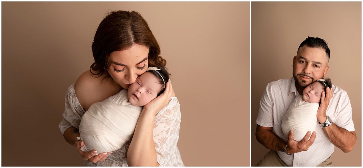 Two gentle portraits in warm tones show tender moments between parent and baby against a neutral backdrop.