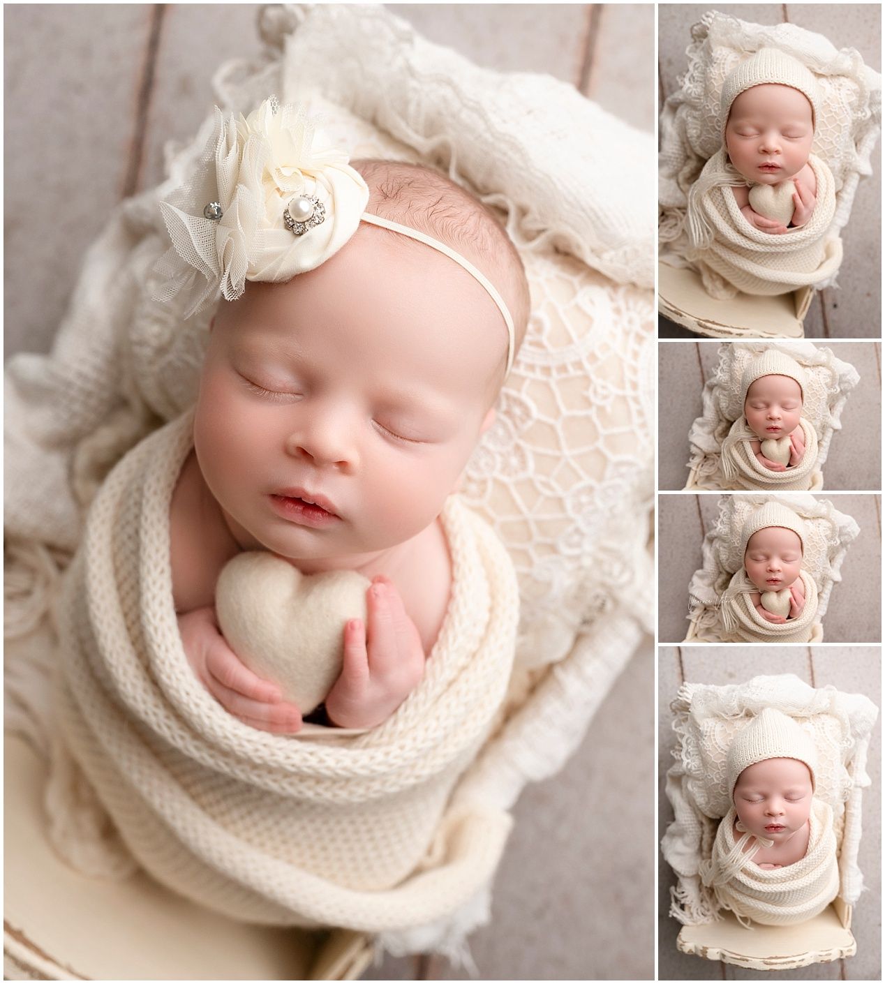 Newborn photography collage featuring soft cream and beige tones with delicate wraps and blankets in a minimalist style.