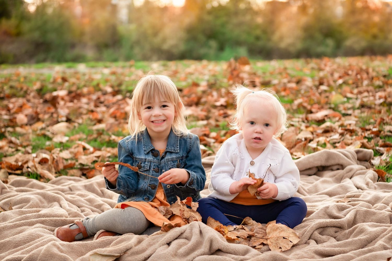 A series of autumn-themed outdoor photos showing blankets, pumpkins and fall foliage during golden hour.