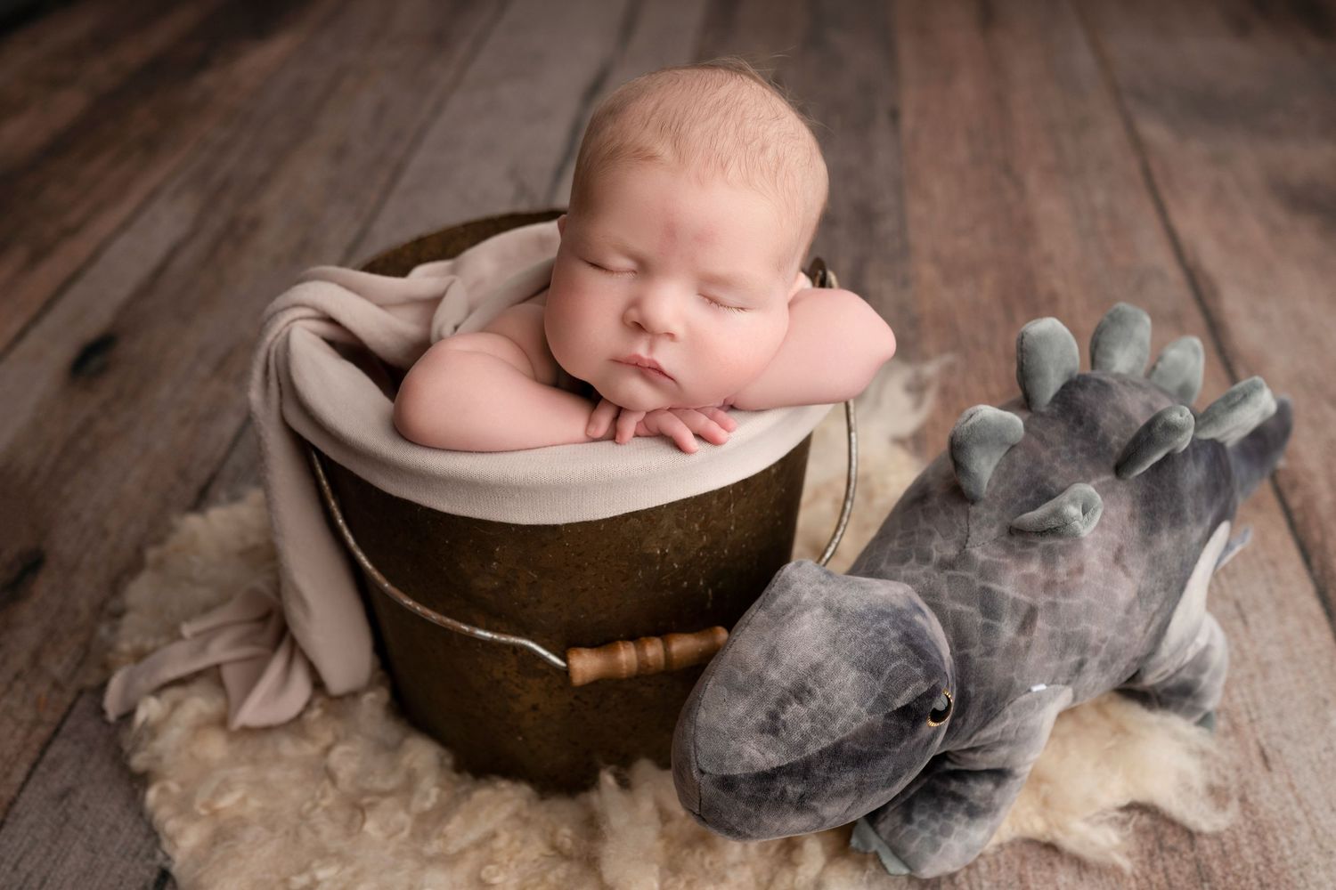 Sleeping newborn baby in a rustic bronze bucket with a stuffed horse toy on a wooden floor.