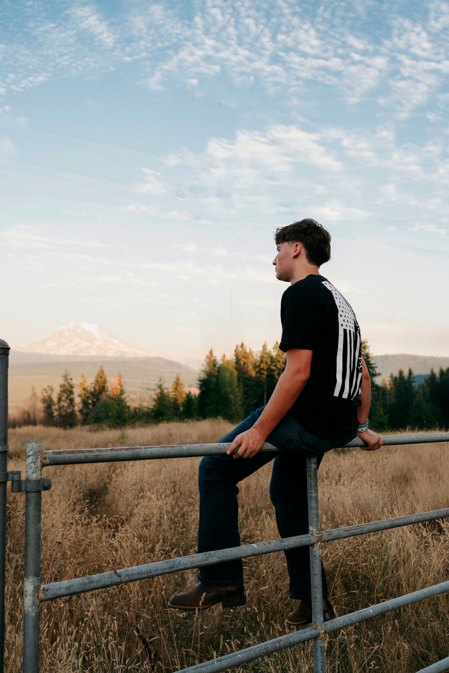 Person sitting on a rustic wooden fence overlooking a golden field at sunset with mountains in the distance.