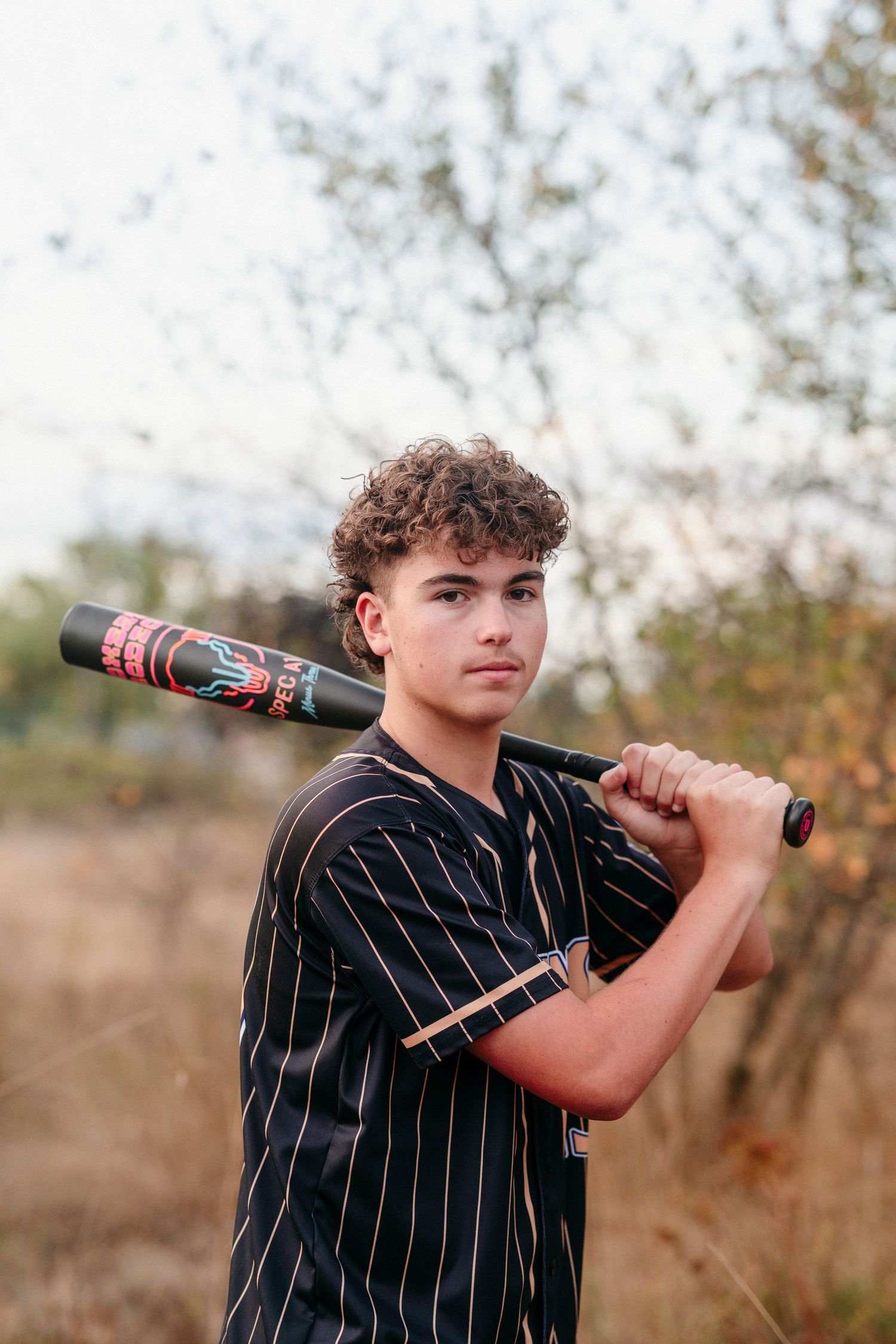 Baseball player in pinstriped uniform poses with bat over shoulder against blurred outdoor background.