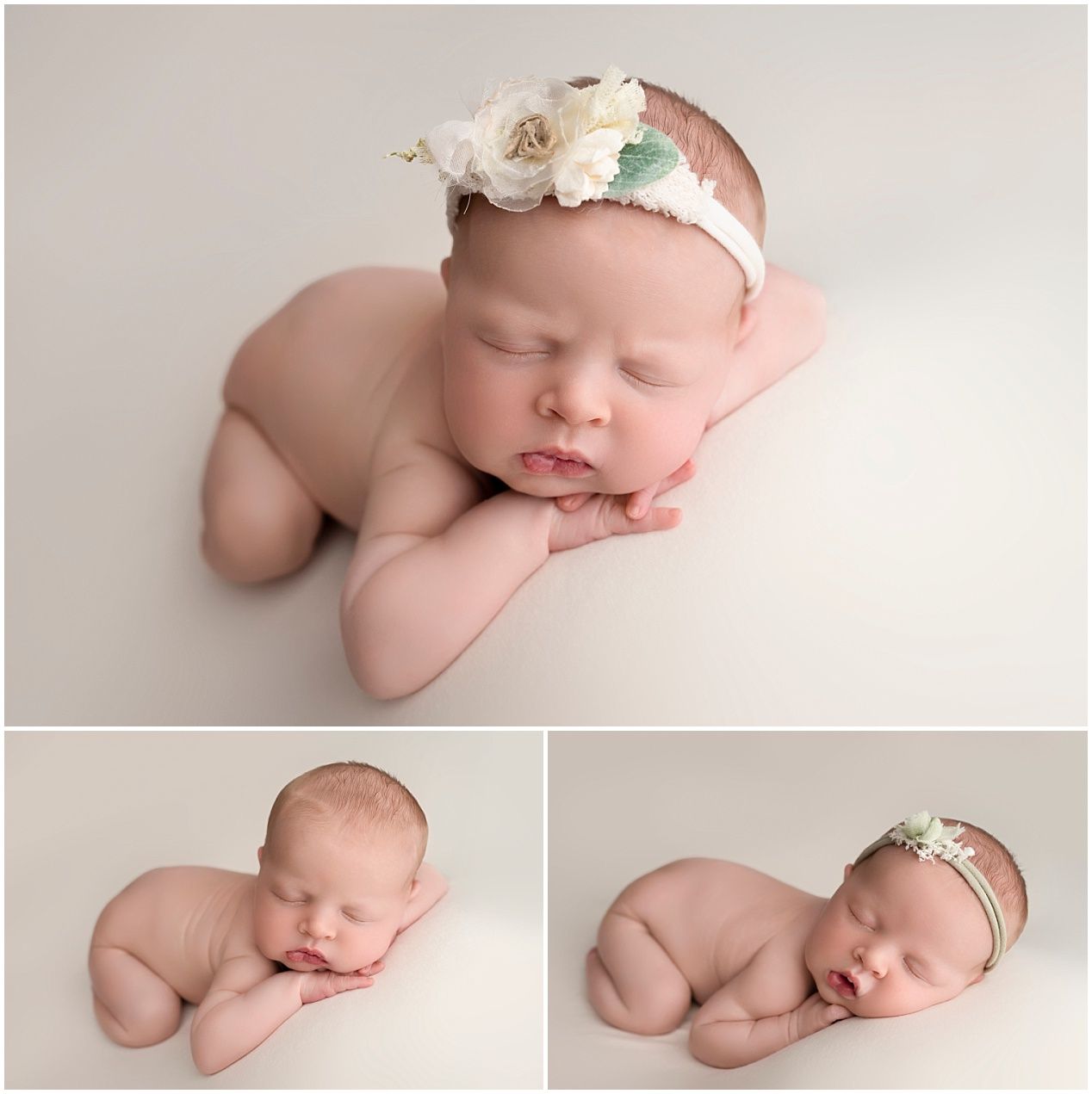 Peaceful sleeping newborn in soft neutral tones positioned artistically in various gentle poses.