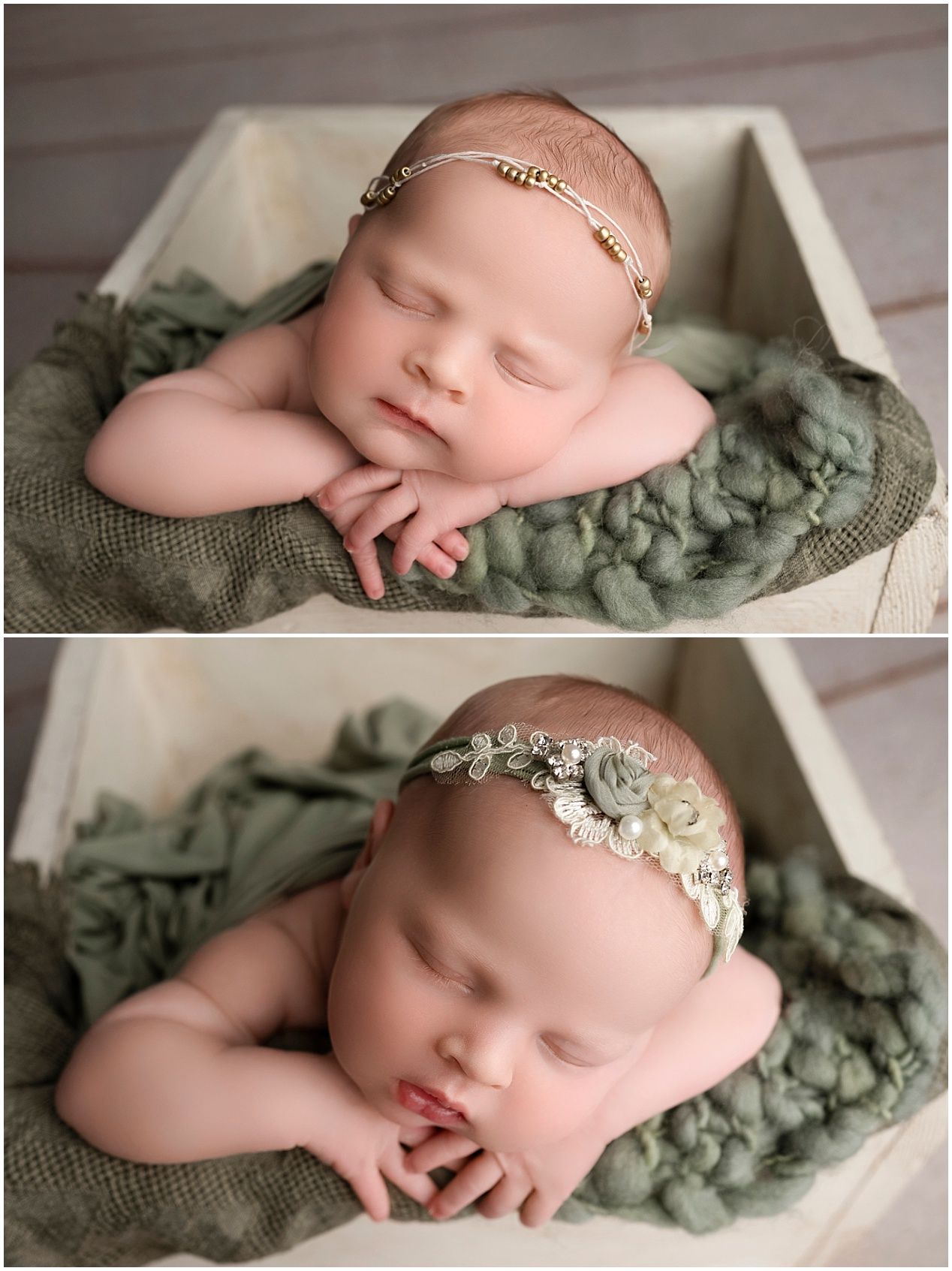 Sleeping newborn posed on soft sage green fabric with delicate headband accessories in professional studio portraits.
