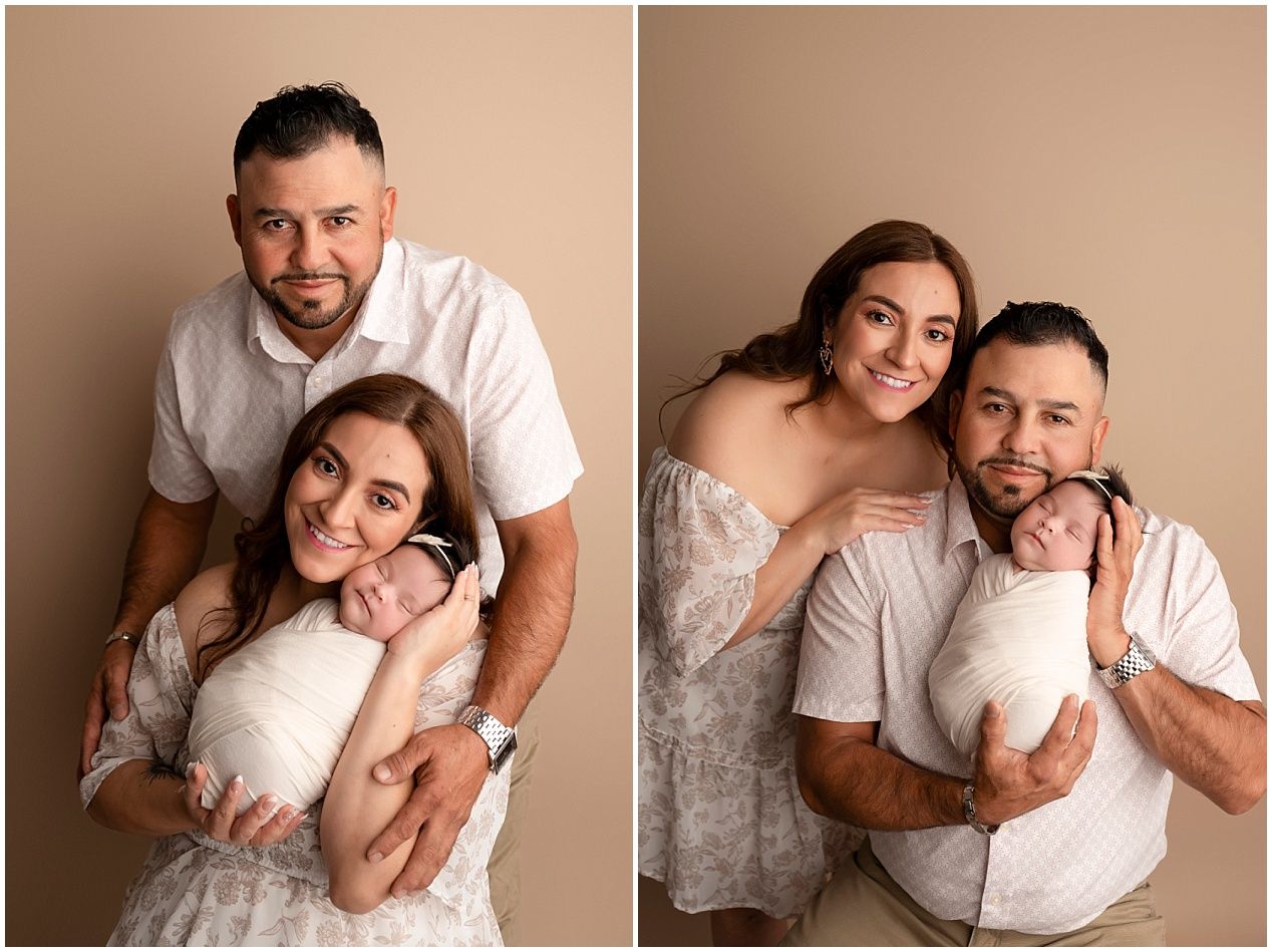 A series of warm-toned studio portraits showing a couple in white clothing embracing and posing together against a beige backdrop.