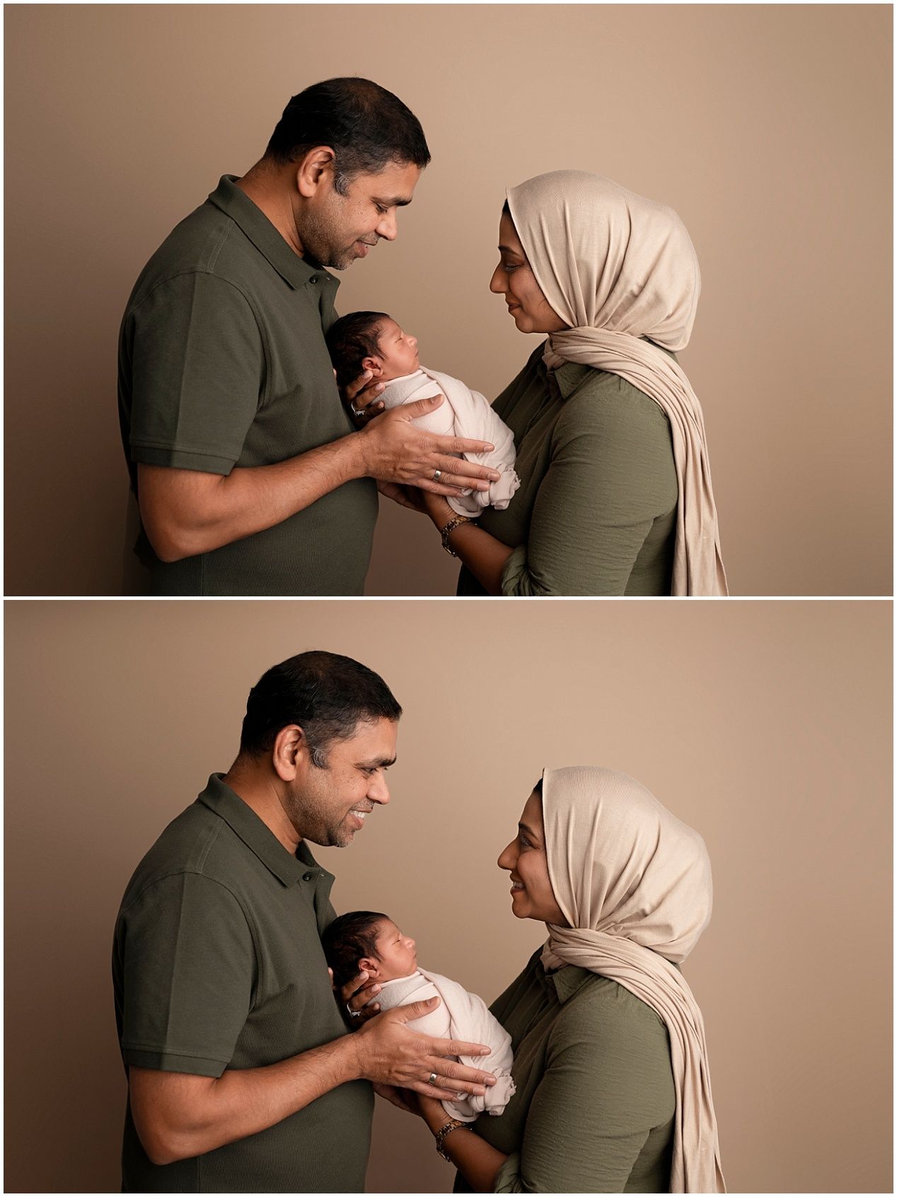 A tender family moment captured in warm tones as parents share an intimate moment with their newborn baby.