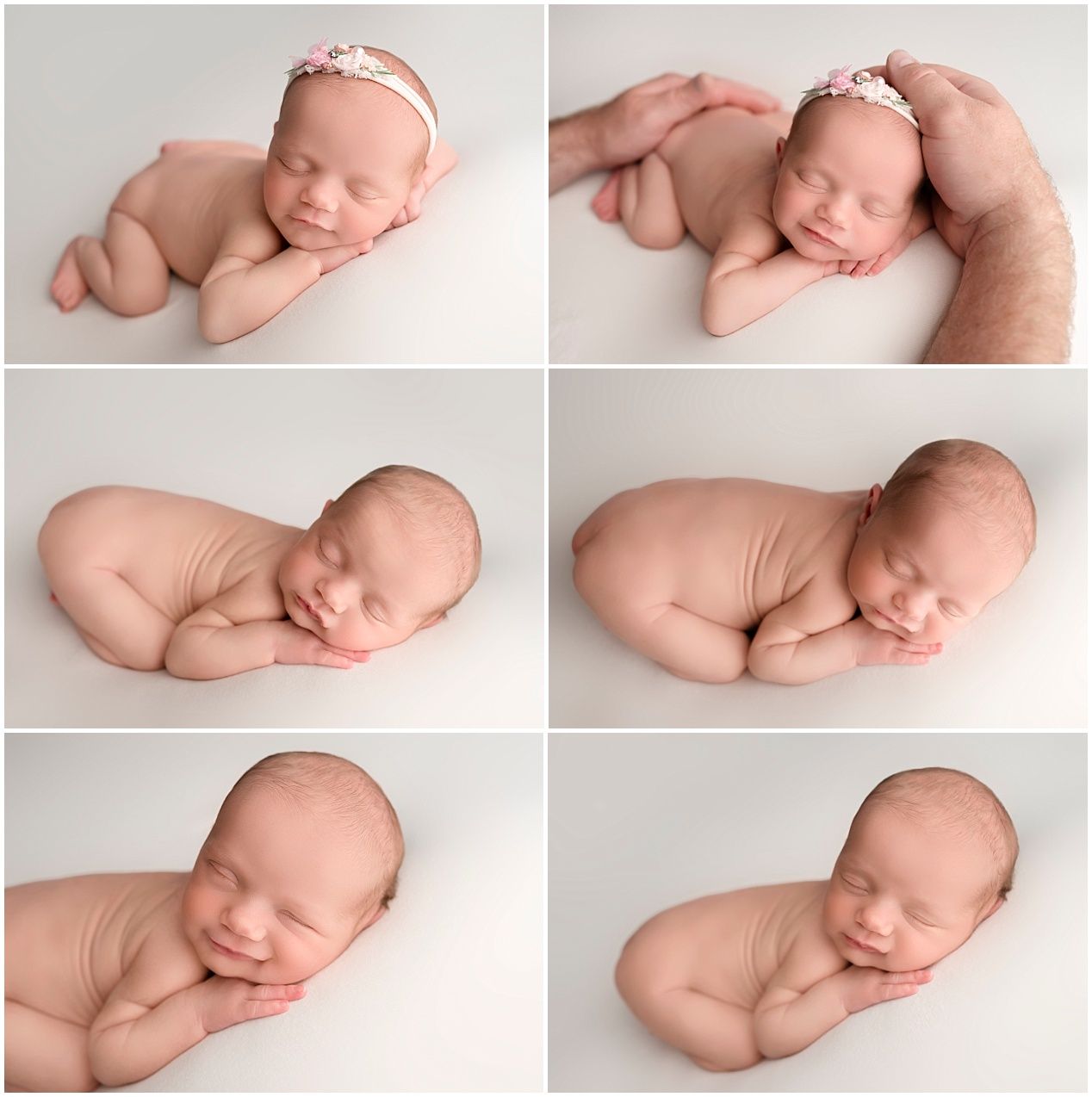 Artistic collage of sleeping newborn photography poses on light gray background showcasing peaceful resting positions.