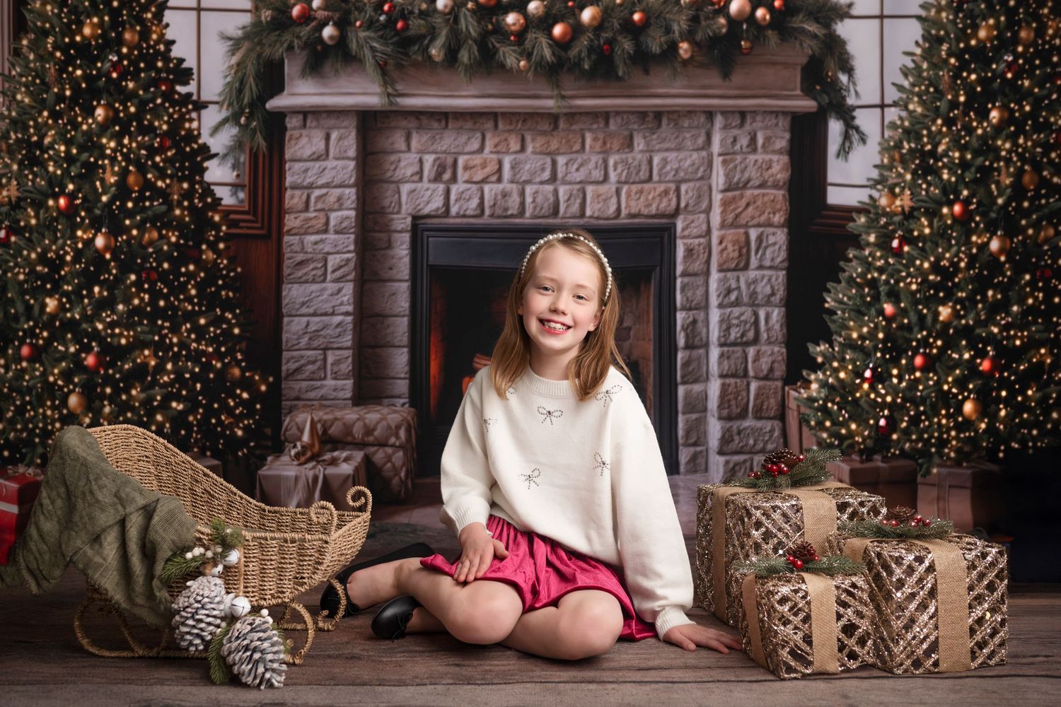A festive holiday scene with a decorated Christmas tree and cozy fireplace adorned with stockings and twinkling lights.