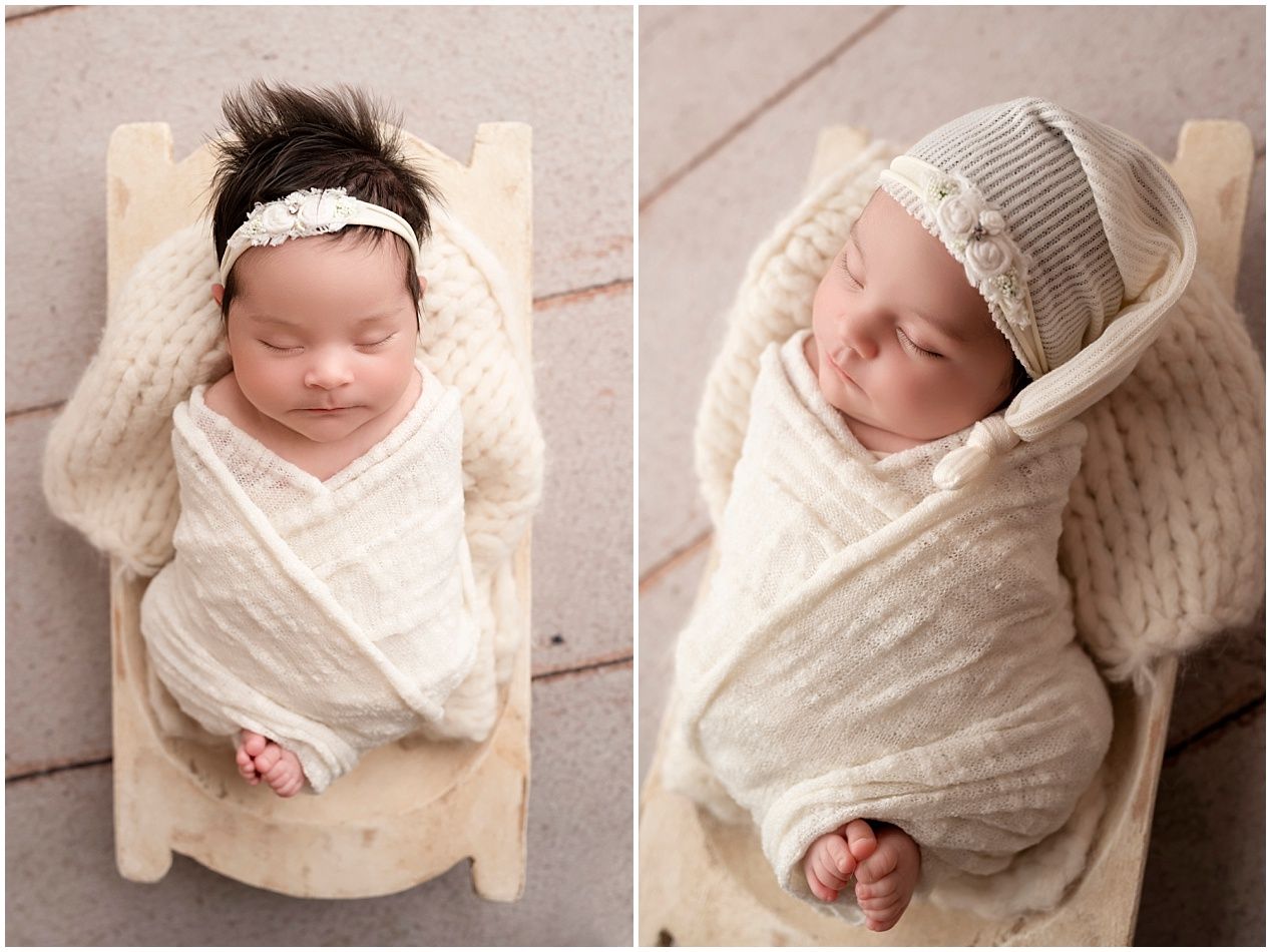 Collage of newborn baby photography showing sleeping infant wrapped in soft cream-colored blankets on wooden backdrop.