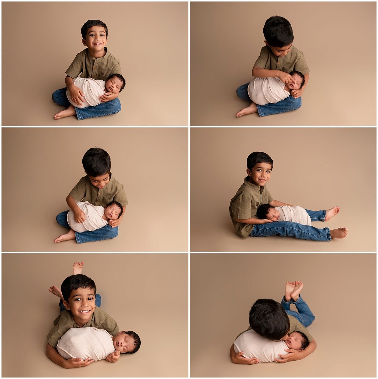 A series of professional baby portraits showing different poses and angles on a neutral beige backdrop.