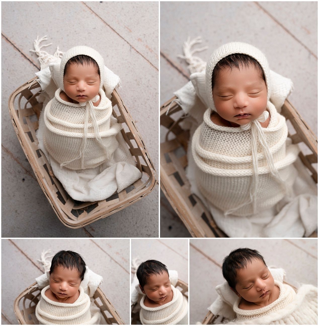 Newborn baby wearing white clothing rests peacefully in a beige cushioned carrier.
