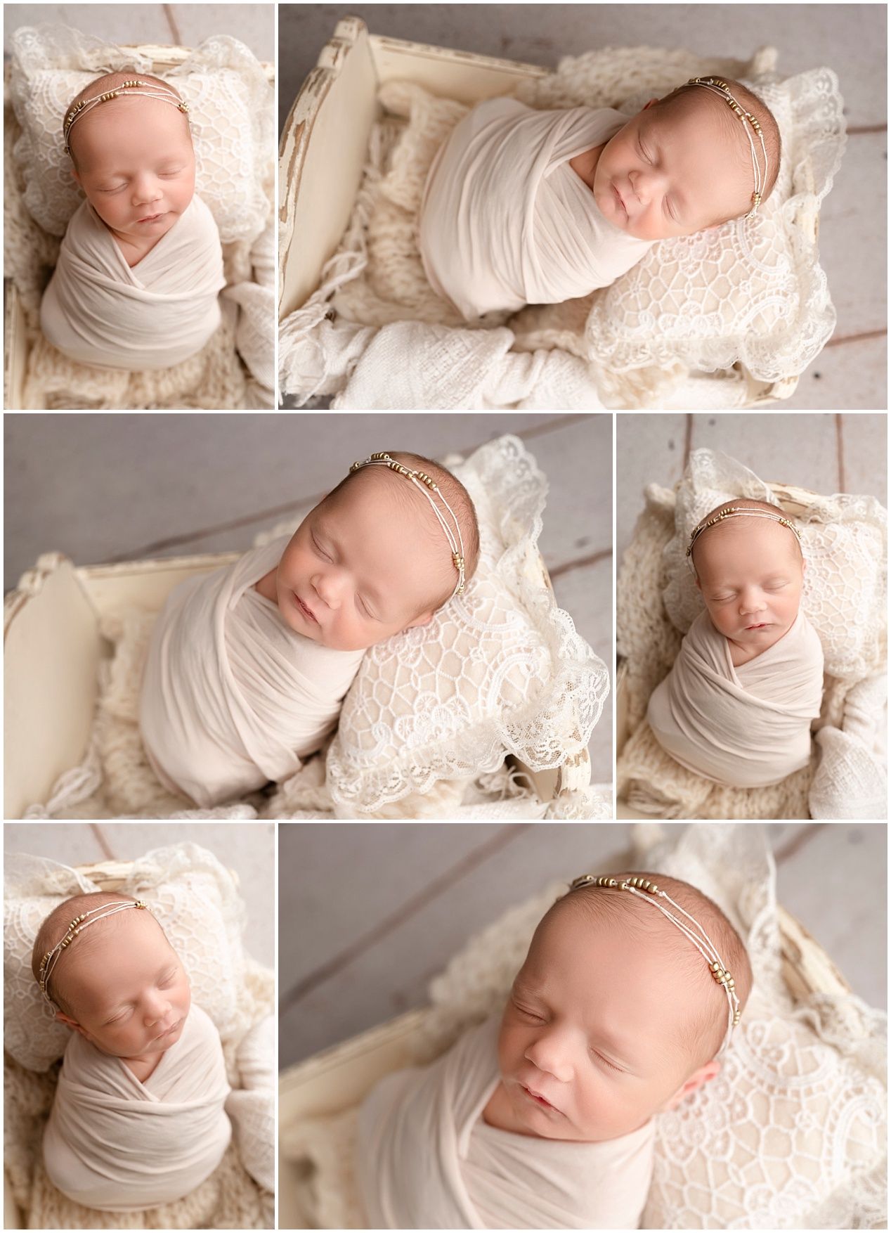 Newborn photography collection featuring soft white wraps and delicate lace textures in a neutral color palette.