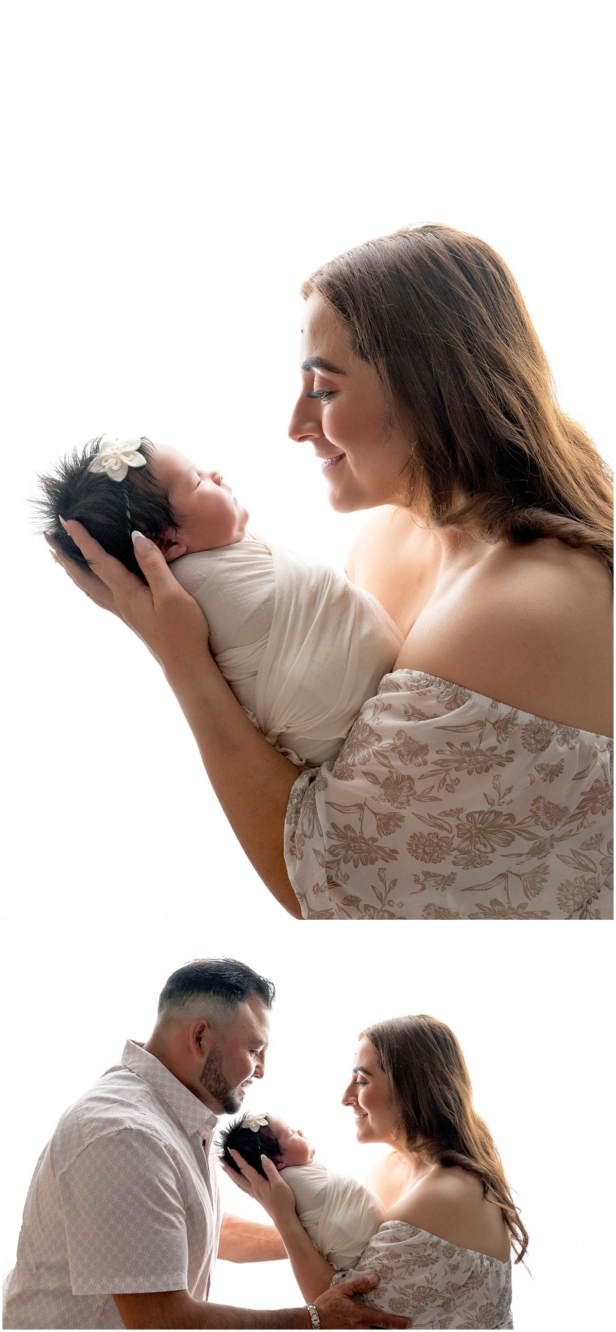 A series of tender family moments captured in a photo collage showing parents holding and playing with their baby.