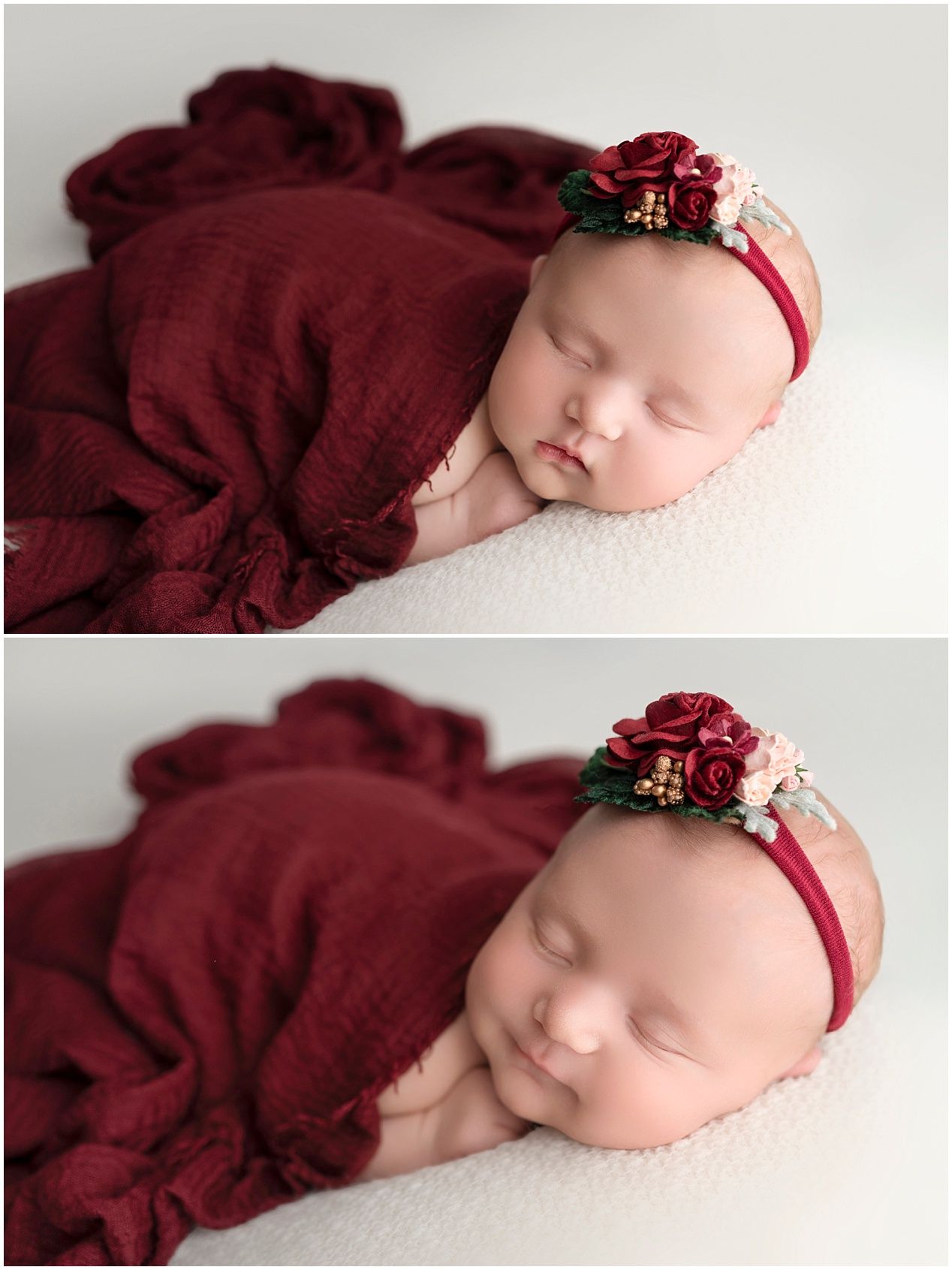 Sleeping newborn in burgundy swaddle with matching floral headband in minimalist studio photography setup.