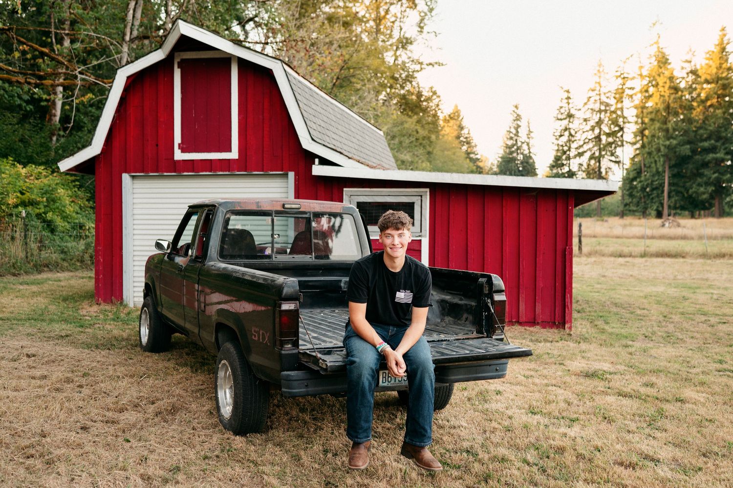 A collection of casual outdoor photos featuring a red barn and pickup truck in a rural field setting.