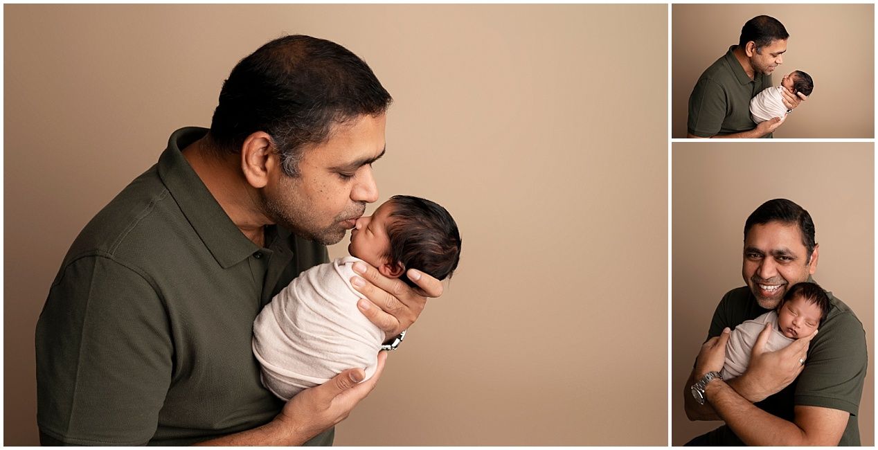 A series of tender moments captured in warm brown tones showing gentle embraces and intimate family connections.