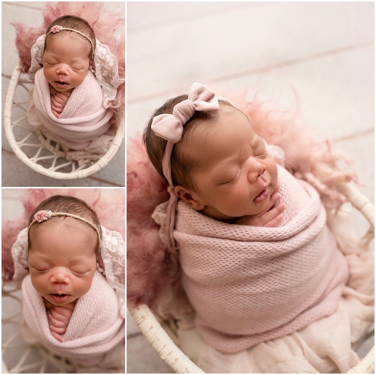 Newborn baby girl wrapped in pink knit swaddle with floral headband, sleeping peacefully in white basket with pink tulle.