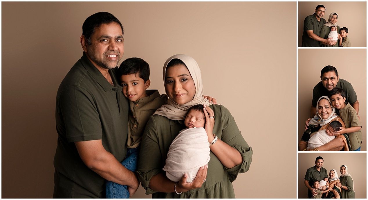 A collection of intimate family portrait photographs displayed in a horizontal collage layout against neutral backgrounds.