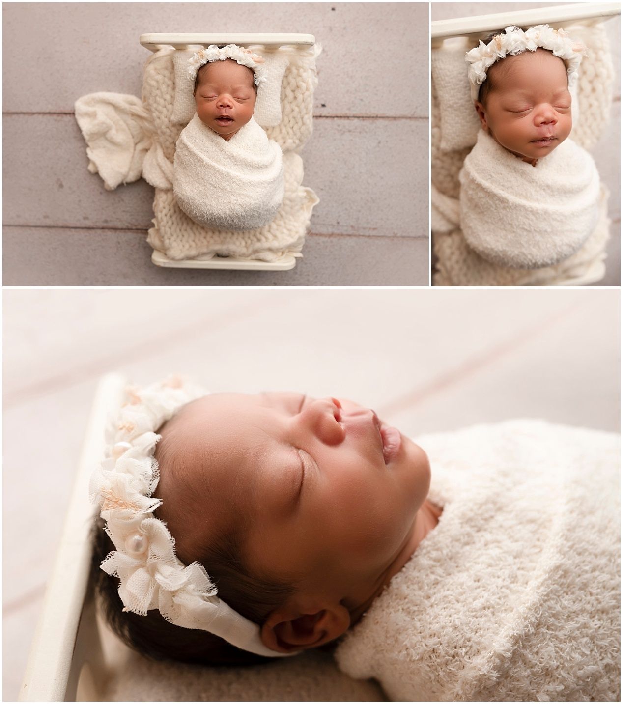 Newborn baby girl swaddled in cream wrap with floral headband, sleeping peacefully in soft white blanket during studio photo session.