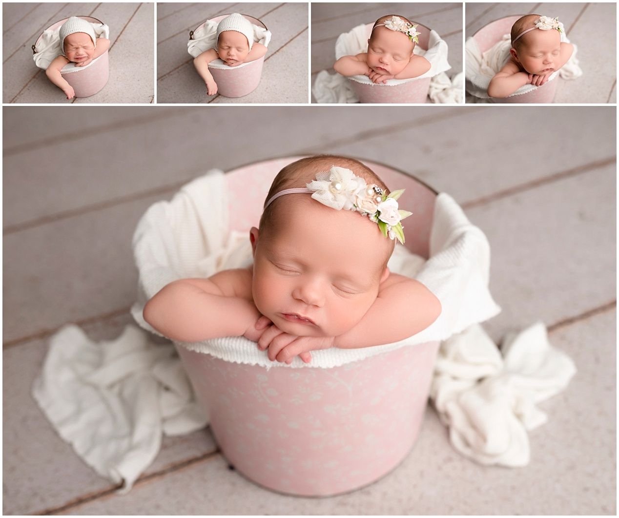 A sleeping newborn wearing a delicate headband nestled in a soft pink bowl surrounded by white fabric.