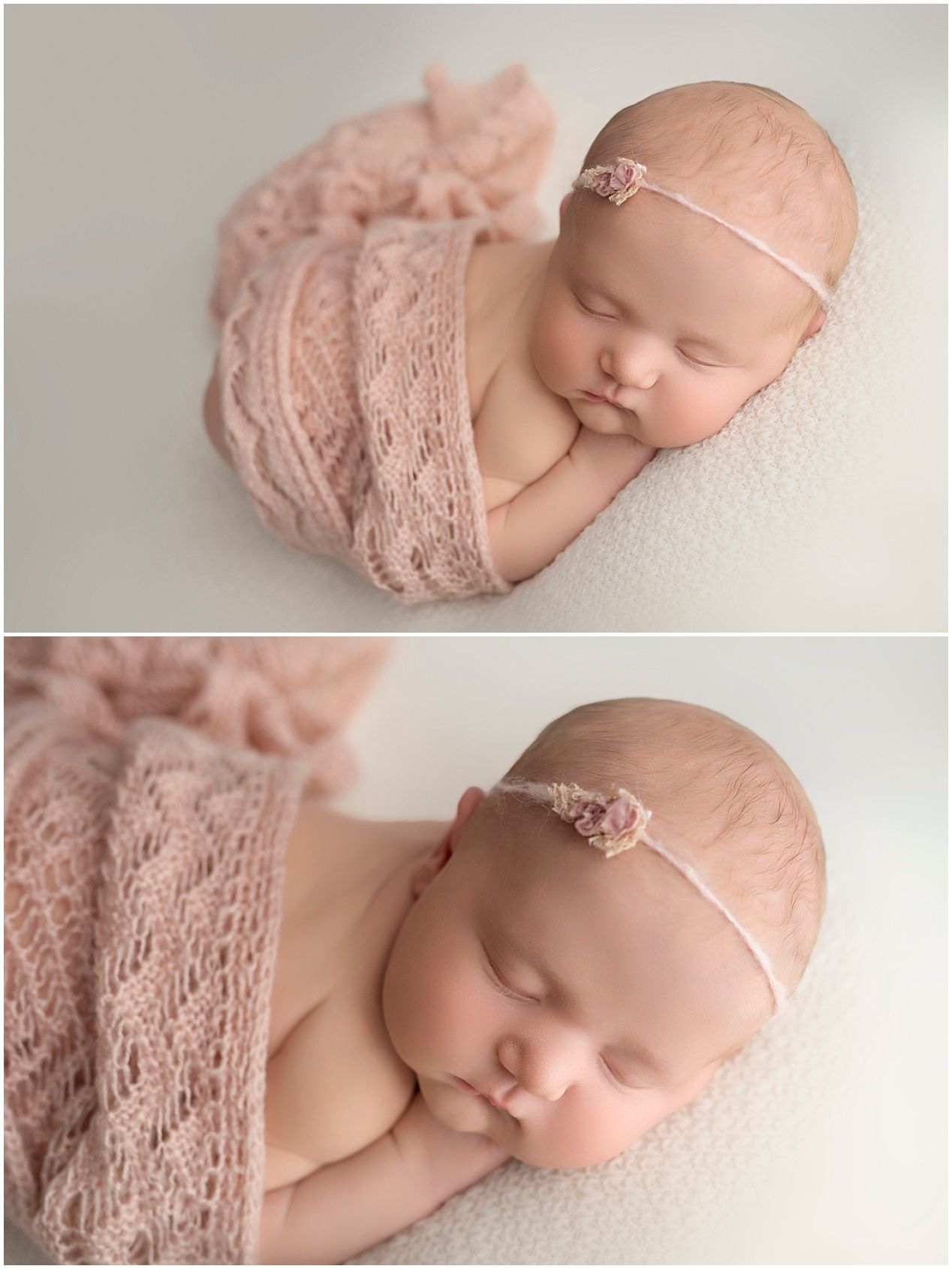 Sleeping newborn wrapped in soft pink lace swaddle with delicate headband photographed from two angles.