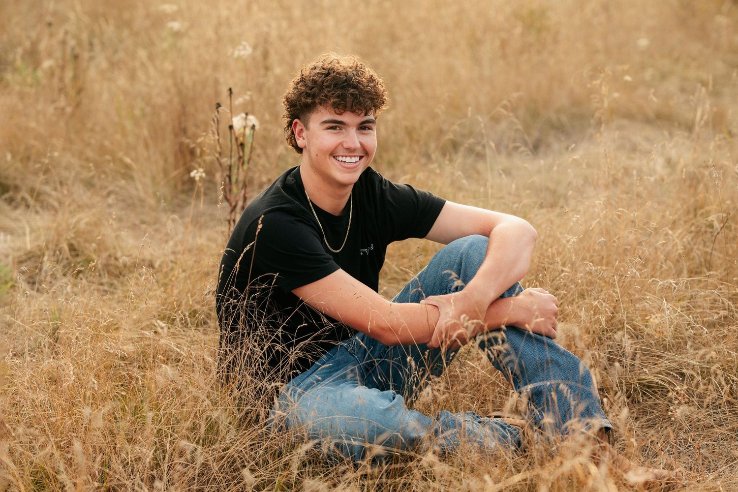 A series of connected portraits showing someone in casual clothing sitting and posing in a golden field at sunset.