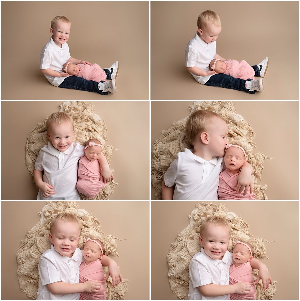 Siblings share tender moments together on soft beige blankets during a heartwarming photoshoot session.