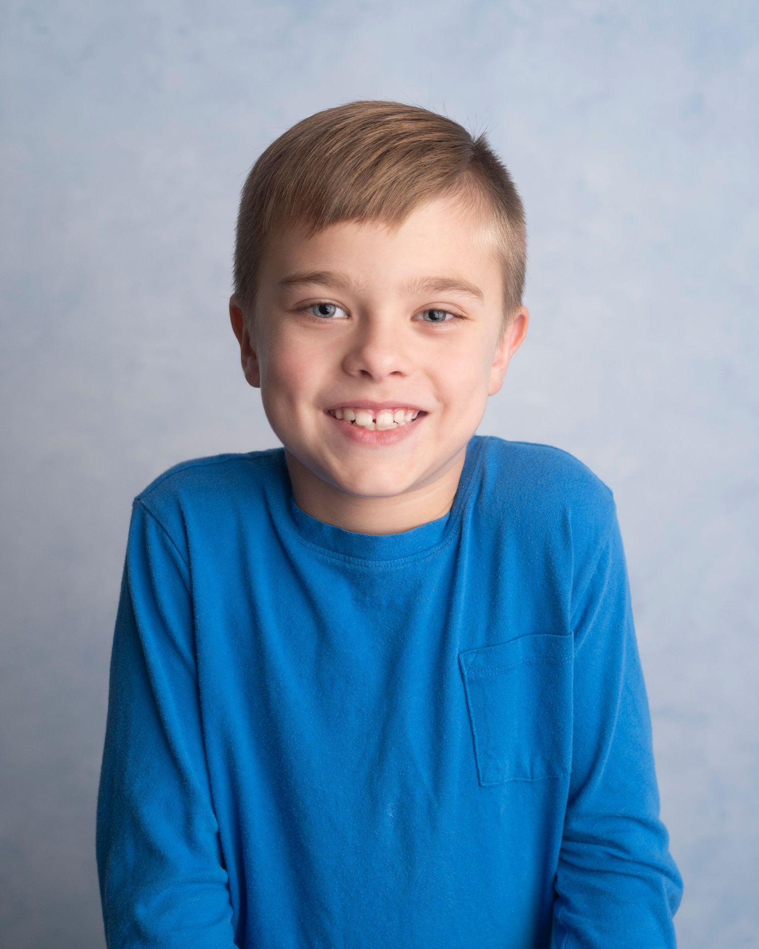 A portrait photo series of a young person in a bright blue sweater showing various expressions against a gray background.