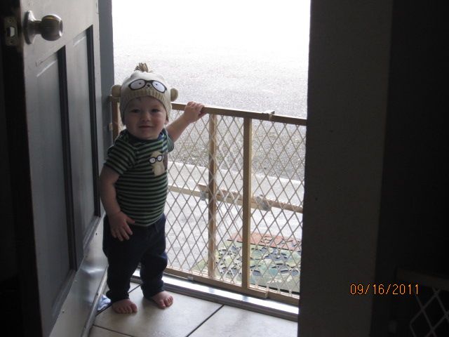 Toddler in monkey hat standing at baby gate by screen door, dated 09/16/2011.