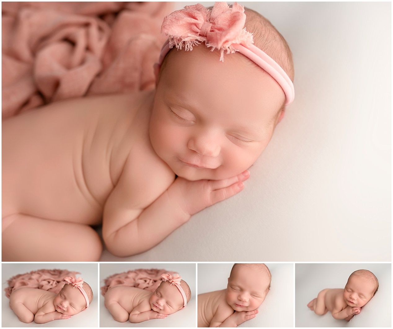 A series of soft, dreamy newborn photography portraits in pink tones showing peaceful sleeping poses on neutral backgrounds.