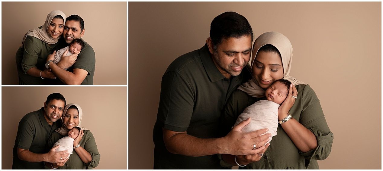 A couple embraces lovingly against a warm beige backdrop in a series of intimate portrait photographs.