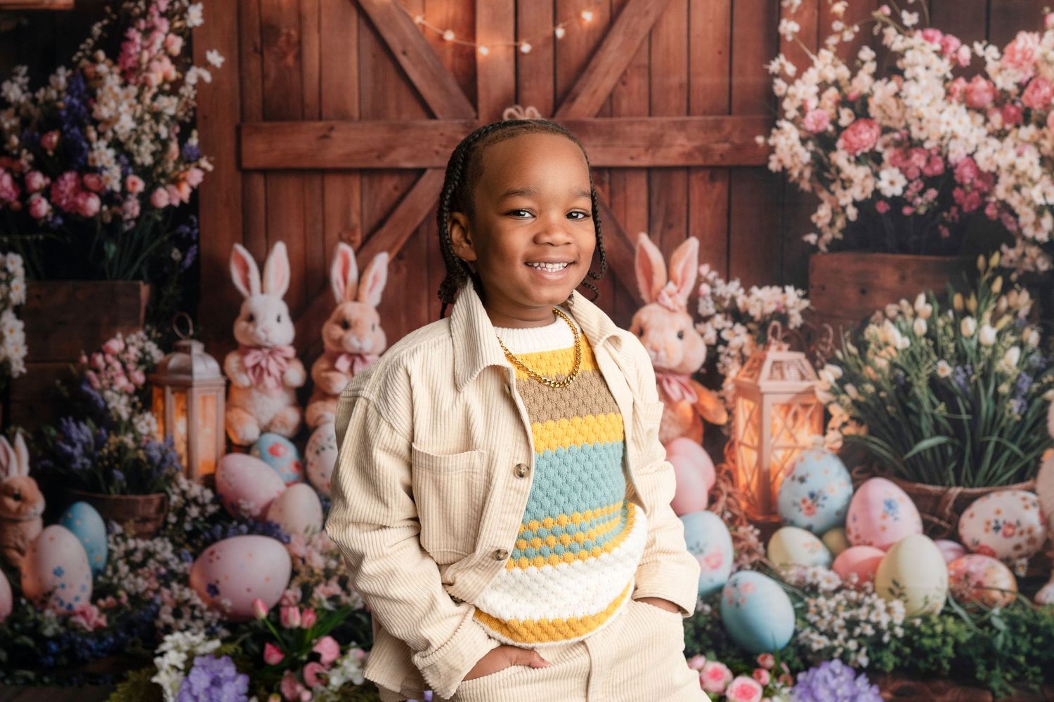 Smiling young child in Easter-themed photo with colorful eggs, bunnies, and flowers against a rustic barn backdrop.